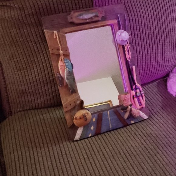 Fun Fishing Mirror | Gone Fishing Mirror Tabletop or Hang 13-1/2" X 9-1/2" X1" - Picture 1 of 6